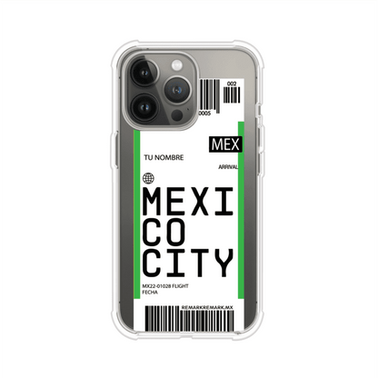 Funda personalizada estilo pase de abordar con diseño de Mexico y código MEX, personalizable con nombre y datos de vuelo; producto de Remark MX para iPhone