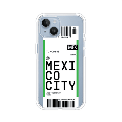 Funda personalizada estilo pase de abordar con diseño de Mexico y código MEX, personalizable con nombre y datos de vuelo; producto de Remark MX para iPhone