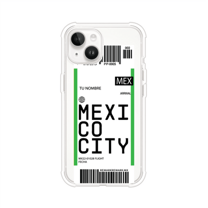 Funda personalizada estilo pase de abordar con diseño de Mexico y código MEX, personalizable con nombre y datos de vuelo; producto de Remark MX para iPhone