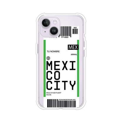 Funda personalizada estilo pase de abordar con diseño de Mexico y código MEX, personalizable con nombre y datos de vuelo; producto de Remark MX para iPhone