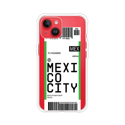 Funda personalizada estilo pase de abordar con diseño de Mexico y código MEX, personalizable con nombre y datos de vuelo; producto de Remark MX para iPhone