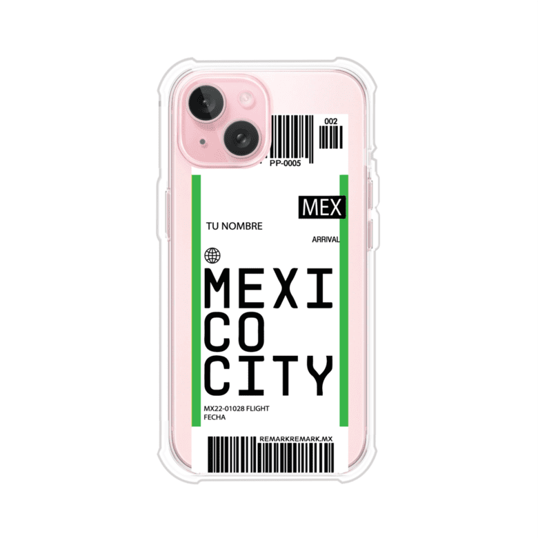 Funda personalizada estilo pase de abordar con diseño de Mexico y código MEX, personalizable con nombre y datos de vuelo; producto de Remark MX para iPhone