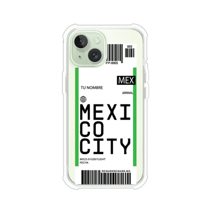 Funda personalizada estilo pase de abordar con diseño de Mexico y código MEX, personalizable con nombre y datos de vuelo; producto de Remark MX para iPhone