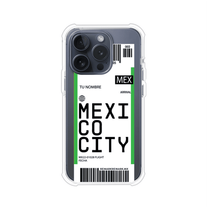 Funda personalizada estilo pase de abordar con diseño de Mexico y código MEX, personalizable con nombre y datos de vuelo; producto de Remark MX para iPhone