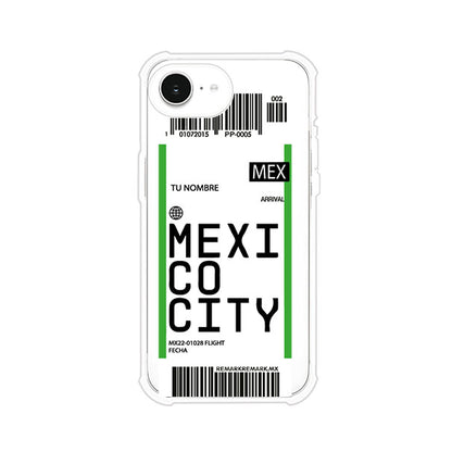 Funda personalizada estilo pase de abordar con diseño de Mexico y código MEX, personalizable con nombre y datos de vuelo; producto de Remark MX para iPhone