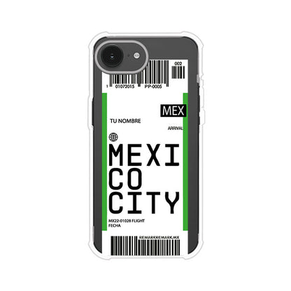 Funda personalizada estilo pase de abordar con diseño de Mexico y código MEX, personalizable con nombre y datos de vuelo; producto de Remark MX para iPhone