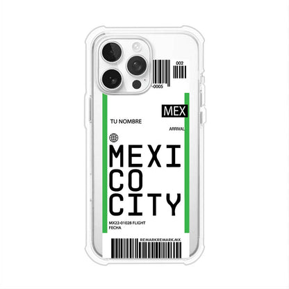 Funda personalizada estilo pase de abordar con diseño de Mexico y código MEX, personalizable con nombre y datos de vuelo; producto de Remark MX para iPhone