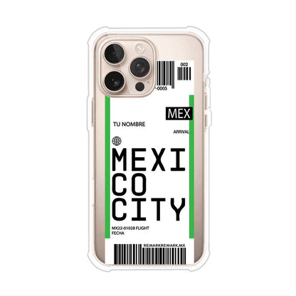 Funda personalizada estilo pase de abordar con diseño de Mexico y código MEX, personalizable con nombre y datos de vuelo; producto de Remark MX para iPhone
