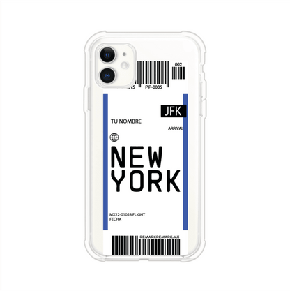 Funda personalizada estilo pase de abordar con diseño de Nueva York y código JFK, personalizable con nombre y datos de vuelo; producto de Remark MX para iPhone