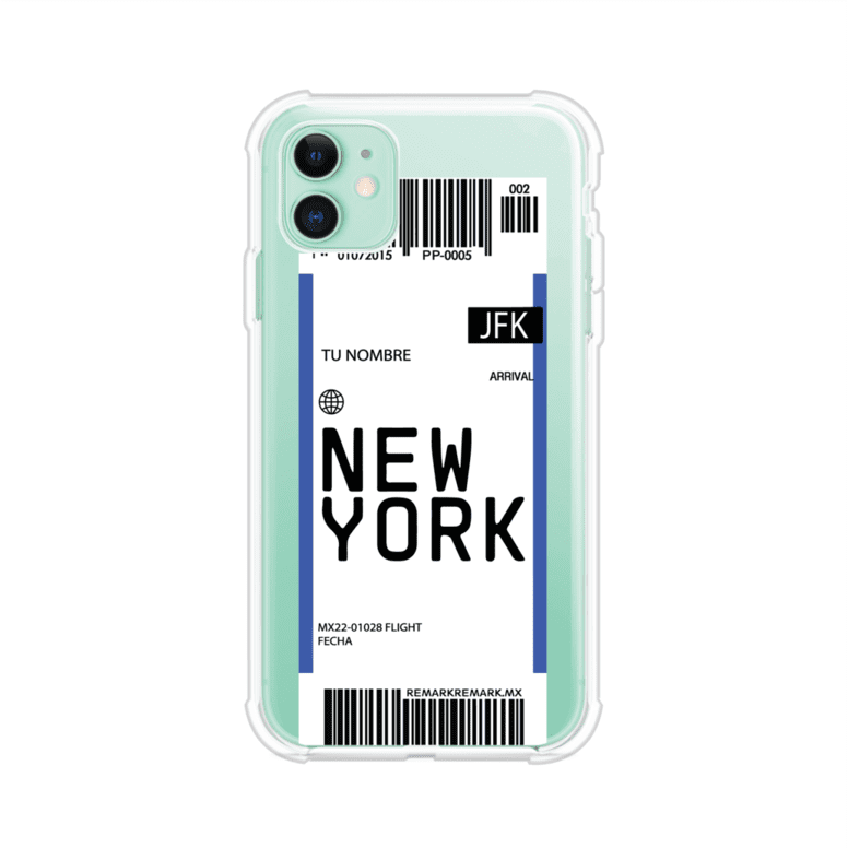 Funda personalizada estilo pase de abordar con diseño de Nueva York y código JFK, personalizable con nombre y datos de vuelo; producto de Remark MX para iPhone