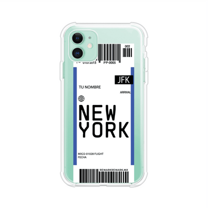 Funda personalizada estilo pase de abordar con diseño de Nueva York y código JFK, personalizable con nombre y datos de vuelo; producto de Remark MX para iPhone