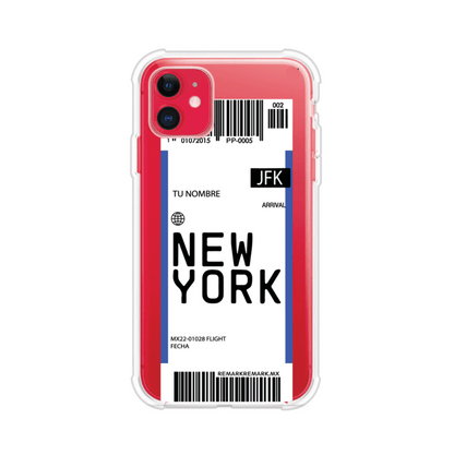 Funda personalizada estilo pase de abordar con diseño de Nueva York y código JFK, personalizable con nombre y datos de vuelo; producto de Remark MX para iPhone