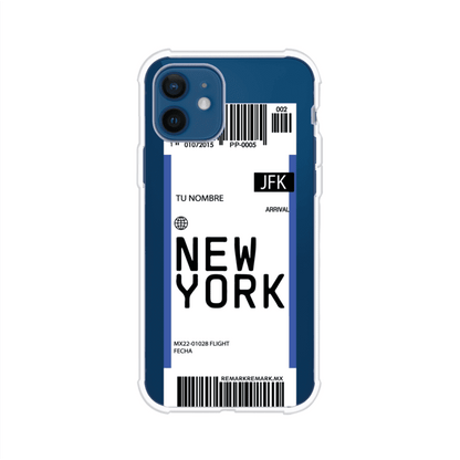 Funda personalizada estilo pase de abordar con diseño de Nueva York y código JFK, personalizable con nombre y datos de vuelo; producto de Remark MX para iPhone