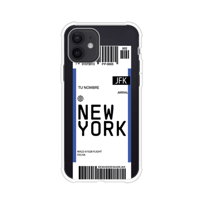 Funda personalizada estilo pase de abordar con diseño de Nueva York y código JFK, personalizable con nombre y datos de vuelo; producto de Remark MX para iPhone