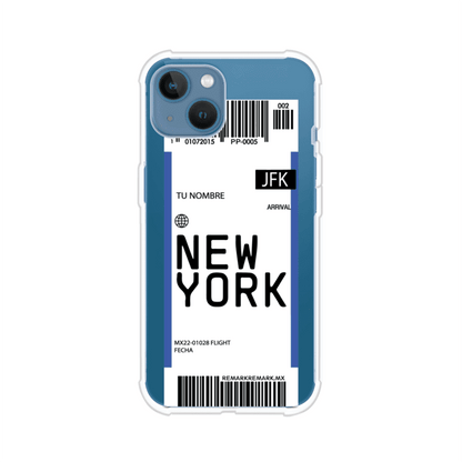Funda personalizada estilo pase de abordar con diseño de Nueva York y código JFK, personalizable con nombre y datos de vuelo; producto de Remark MX para iPhone