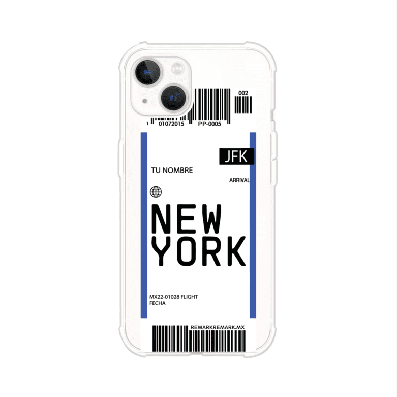 Funda personalizada estilo pase de abordar con diseño de Nueva York y código JFK, personalizable con nombre y datos de vuelo; producto de Remark MX para iPhone