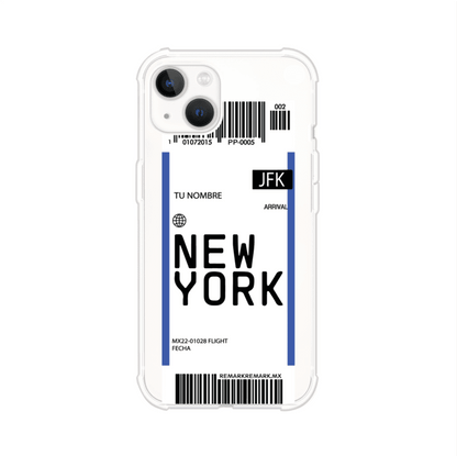 Funda personalizada estilo pase de abordar con diseño de Nueva York y código JFK, personalizable con nombre y datos de vuelo; producto de Remark MX para iPhone
