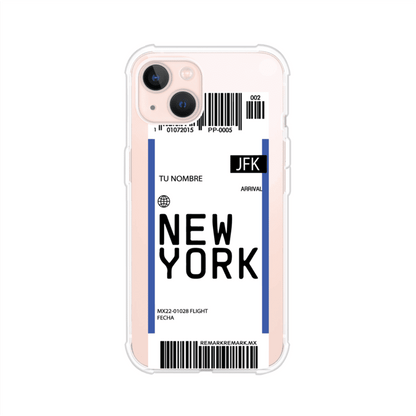 Funda personalizada estilo pase de abordar con diseño de Nueva York y código JFK, personalizable con nombre y datos de vuelo; producto de Remark MX para iPhone