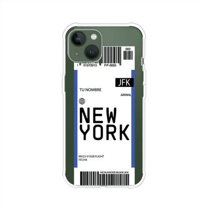 Funda personalizada estilo pase de abordar con diseño de Nueva York y código JFK, personalizable con nombre y datos de vuelo; producto de Remark MX para iPhone