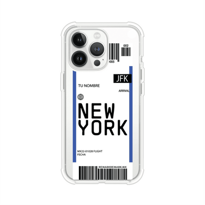 Funda personalizada estilo pase de abordar con diseño de Nueva York y código JFK, personalizable con nombre y datos de vuelo; producto de Remark MX para iPhone