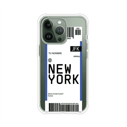Funda personalizada estilo pase de abordar con diseño de Nueva York y código JFK, personalizable con nombre y datos de vuelo; producto de Remark MX para iPhone
