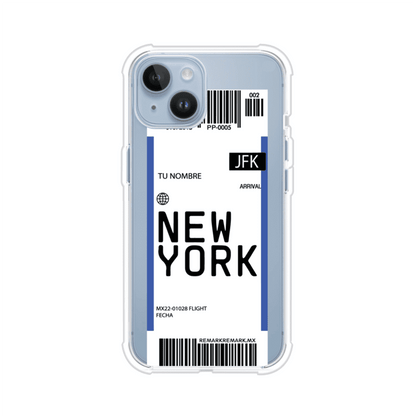 Funda personalizada estilo pase de abordar con diseño de Nueva York y código JFK, personalizable con nombre y datos de vuelo; producto de Remark MX para iPhone