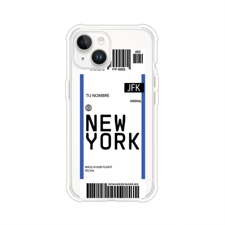 Funda personalizada estilo pase de abordar con diseño de Nueva York y código JFK, personalizable con nombre y datos de vuelo; producto de Remark MX para iPhone