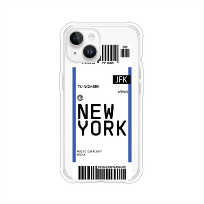 Funda personalizada estilo pase de abordar con diseño de Nueva York y código JFK, personalizable con nombre y datos de vuelo; producto de Remark MX para iPhone