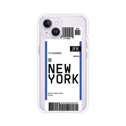 Funda personalizada estilo pase de abordar con diseño de Nueva York y código JFK, personalizable con nombre y datos de vuelo; producto de Remark MX para iPhone
