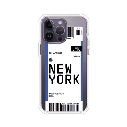 Funda personalizada estilo pase de abordar con diseño de Nueva York y código JFK, personalizable con nombre y datos de vuelo; producto de Remark MX para iPhone