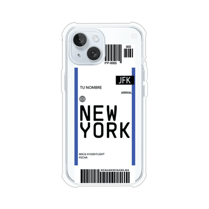 Funda personalizada estilo pase de abordar con diseño de Nueva York y código JFK, personalizable con nombre y datos de vuelo; producto de Remark MX para iPhone