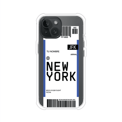 Funda personalizada estilo pase de abordar con diseño de Nueva York y código JFK, personalizable con nombre y datos de vuelo; producto de Remark MX para iPhone