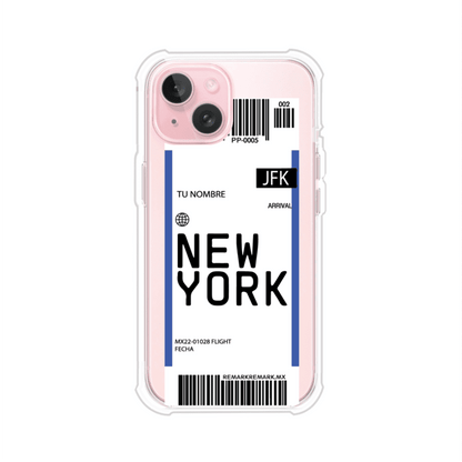 Funda personalizada estilo pase de abordar con diseño de Nueva York y código JFK, personalizable con nombre y datos de vuelo; producto de Remark MX para iPhone