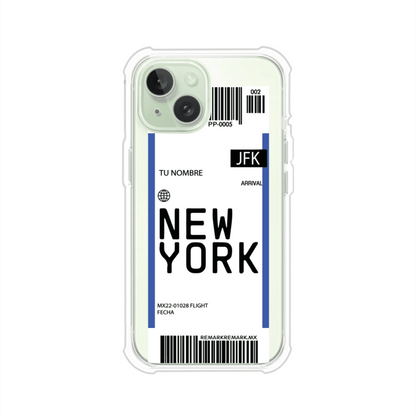 Funda personalizada estilo pase de abordar con diseño de Nueva York y código JFK, personalizable con nombre y datos de vuelo; producto de Remark MX para iPhone