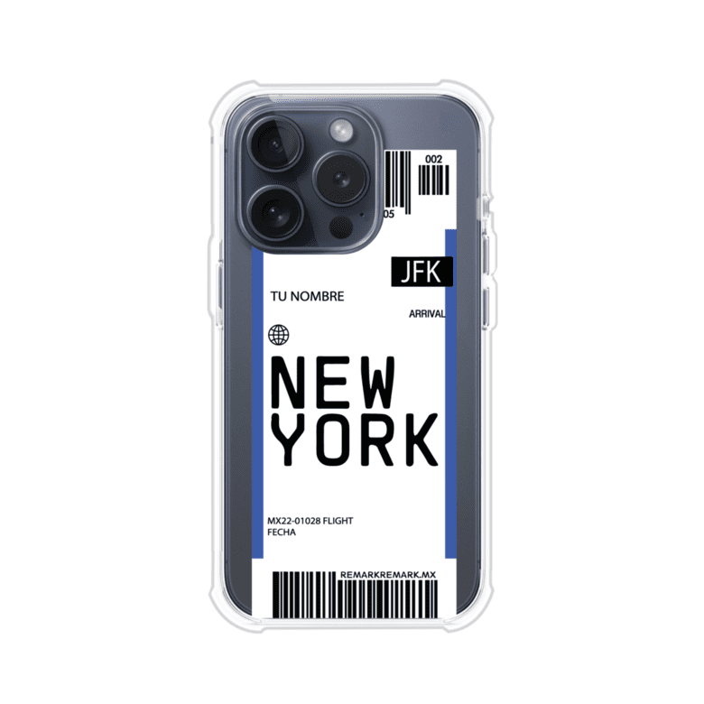 Funda personalizada estilo pase de abordar con diseño de Nueva York y código JFK, personalizable con nombre y datos de vuelo; producto de Remark MX para iPhone