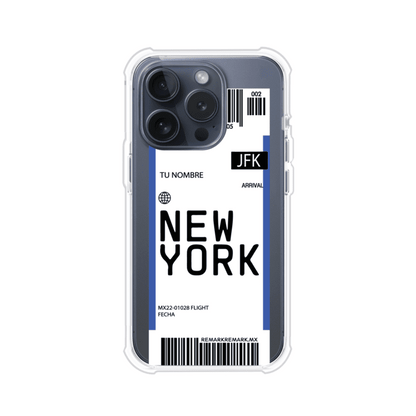 Funda personalizada estilo pase de abordar con diseño de Nueva York y código JFK, personalizable con nombre y datos de vuelo; producto de Remark MX para iPhone