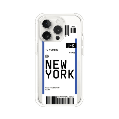 Funda personalizada estilo pase de abordar con diseño de Nueva York y código JFK, personalizable con nombre y datos de vuelo; producto de Remark MX para iPhone