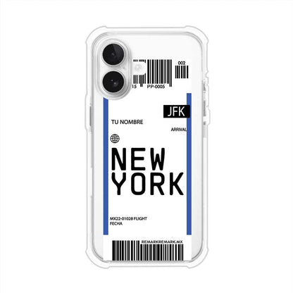 Funda personalizada estilo pase de abordar con diseño de Nueva York y código JFK, personalizable con nombre y datos de vuelo; producto de Remark MX para iPhone
