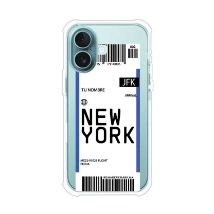 Funda personalizada estilo pase de abordar con diseño de Nueva York y código JFK, personalizable con nombre y datos de vuelo; producto de Remark MX para iPhone