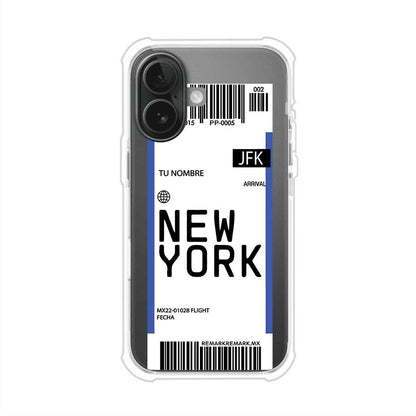 Funda personalizada estilo pase de abordar con diseño de Nueva York y código JFK, personalizable con nombre y datos de vuelo; producto de Remark MX para iPhone
