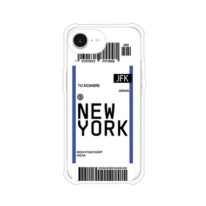 Funda personalizada estilo pase de abordar con diseño de Nueva York y código JFK, personalizable con nombre y datos de vuelo; producto de Remark MX para iPhone