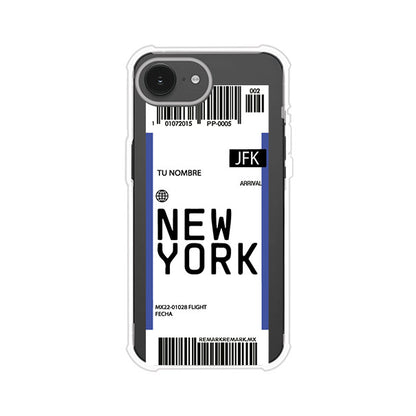 Funda personalizada estilo pase de abordar con diseño de Nueva York y código JFK, personalizable con nombre y datos de vuelo; producto de Remark MX para iPhone