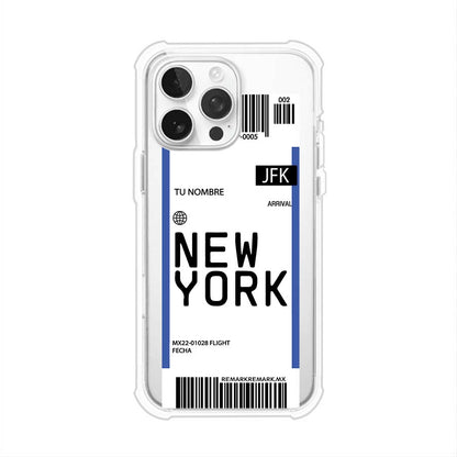 Funda personalizada estilo pase de abordar con diseño de Nueva York y código JFK, personalizable con nombre y datos de vuelo; producto de Remark MX para iPhone