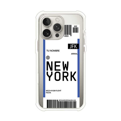 Funda personalizada estilo pase de abordar con diseño de Nueva York y código JFK, personalizable con nombre y datos de vuelo; producto de Remark MX para iPhone