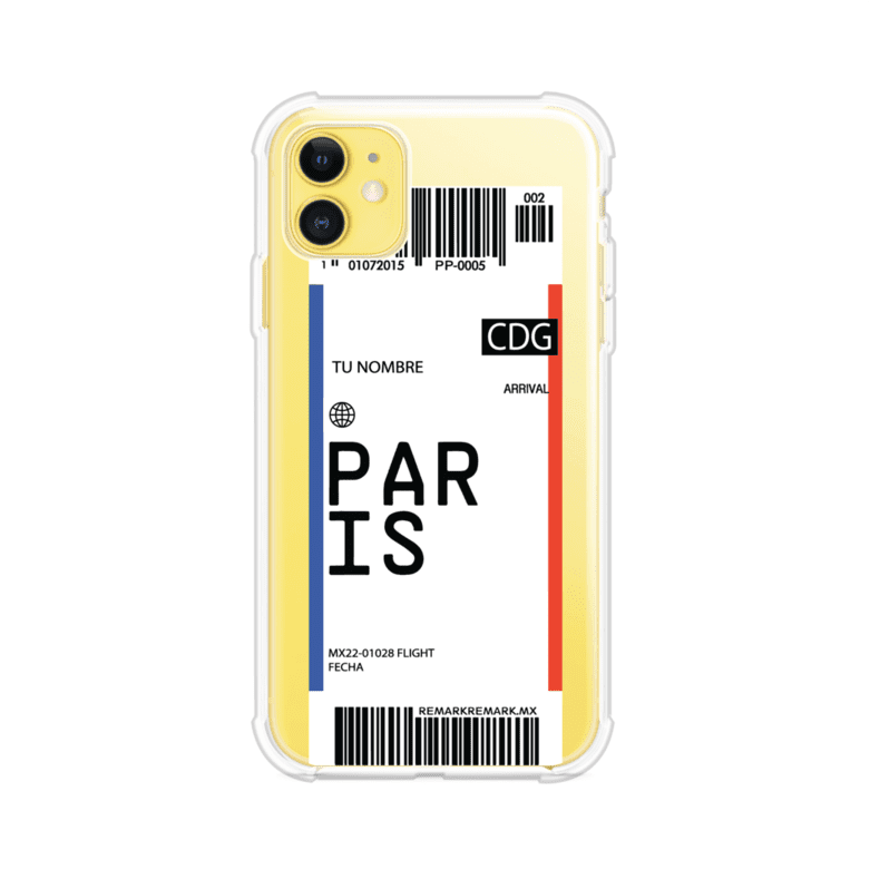 Funda personalizada estilo pase de abordar con diseño de París y código CDG, personalizable con nombre y datos de vuelo; producto de Remark MX para iPhone