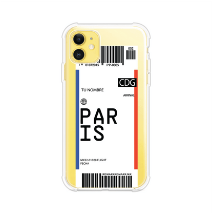 Funda personalizada estilo pase de abordar con diseño de París y código CDG, personalizable con nombre y datos de vuelo; producto de Remark MX para iPhone