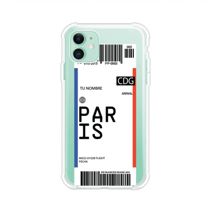 Funda personalizada estilo pase de abordar con diseño de París y código CDG, personalizable con nombre y datos de vuelo; producto de Remark MX para iPhone