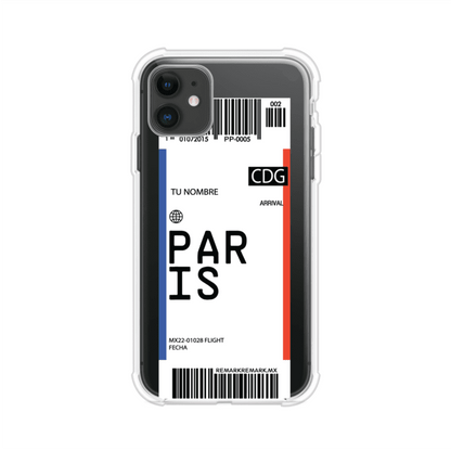 Funda personalizada estilo pase de abordar con diseño de París y código CDG, personalizable con nombre y datos de vuelo; producto de Remark MX para iPhone