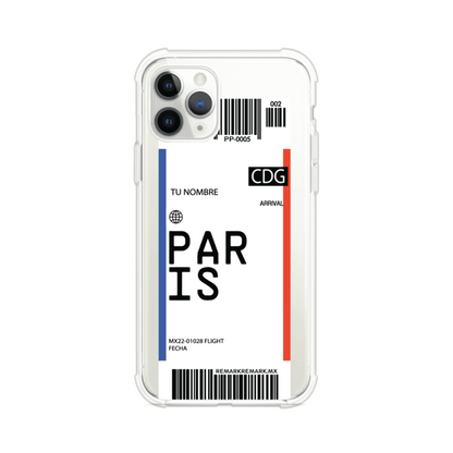 Funda personalizada estilo pase de abordar con diseño de París y código CDG, personalizable con nombre y datos de vuelo; producto de Remark MX para iPhone