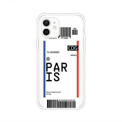 Funda personalizada estilo pase de abordar con diseño de París y código CDG, personalizable con nombre y datos de vuelo; producto de Remark MX para iPhone